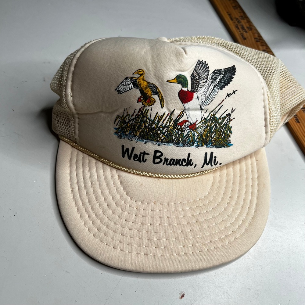 Vintage Nissin West Branch Michigan Mallard Duck Trucker Hat Cream Mesh Snapback